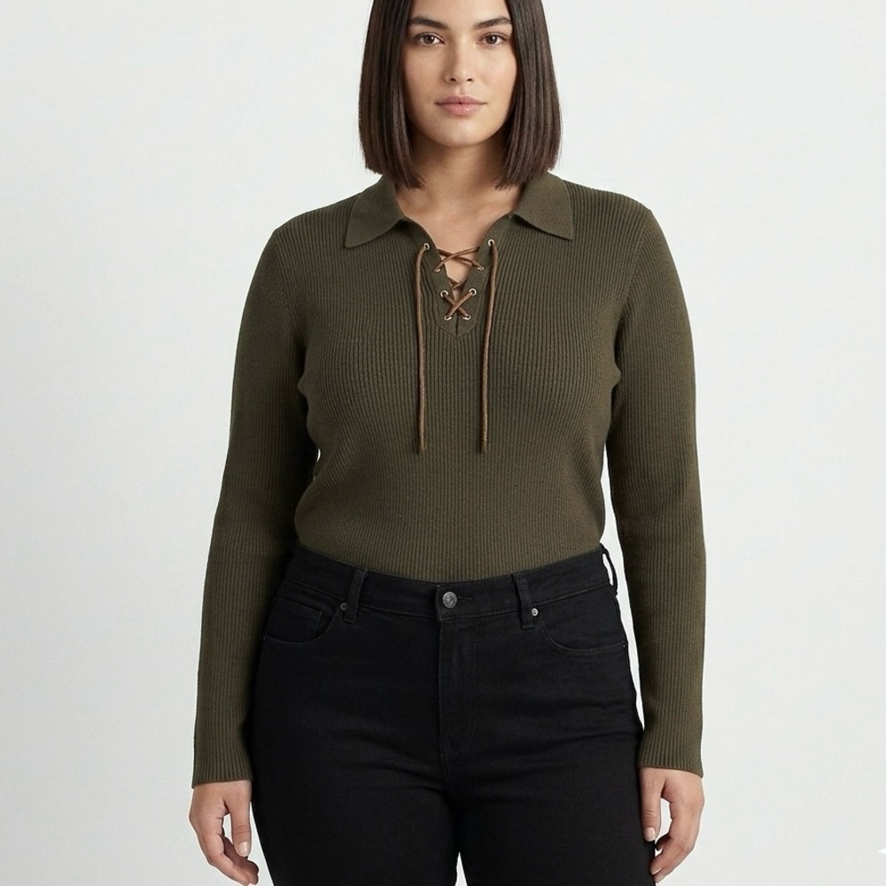 VTG LRL Womens Rib Knit Polo Top Lace Up Neck Sz 1X Cotton Olive Y2K Preppy